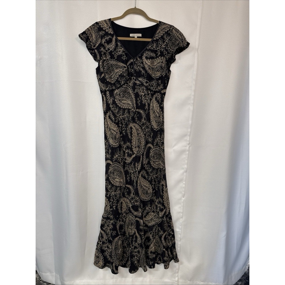 LAURA ASHLEY Bias Cut Silk Jacquard Dress‎ Sz 8 Babydoll Y2K 90s Whimsical Black
